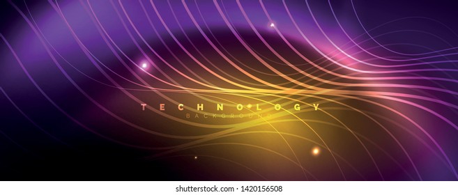 Leuchtende Neonleuchten, dunkler abstrakter Hintergrund mit unscharfem magischem Neon, hellgebogene Linien. Vektorgrafik