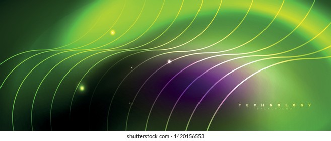 Shiny neon lights, dark abstract background with blurred magic neon light curved lines. Vector