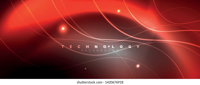 Shiny neon lights, dark abstract background with blurred magic neon light curved lines. Vector