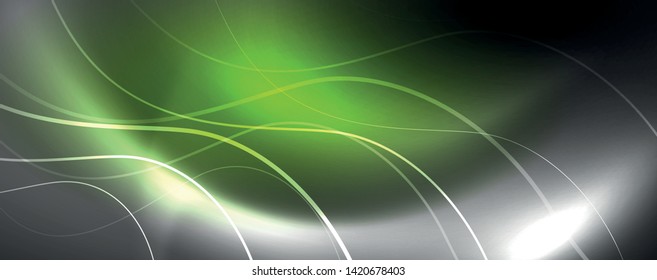 Shiny neon lights, dark abstract background with blurred magic neon light curved lines. Vector