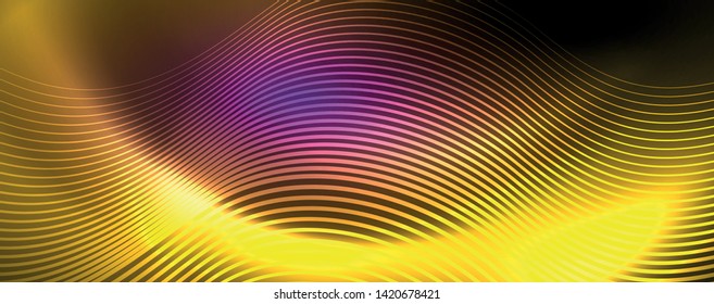 Shiny neon lights, dark abstract background with blurred magic neon light curved lines. Vector