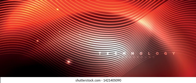 Shiny neon lights, dark abstract background with blurred magic neon light curved lines. Vector