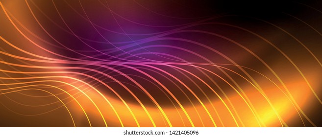 Leuchtende Neonleuchten, dunkler abstrakter Hintergrund mit unscharfem magischem Neon, hellgebogene Linien. Vektorgrafik