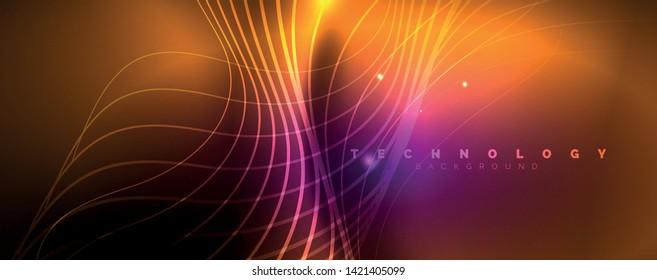 Luces de neón brillantes, fondo abstracto oscuro con líneas curvadas de luz mágica borrosa de neón. Vector