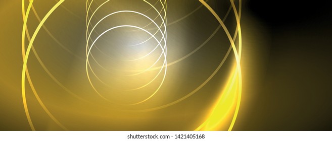 Shiny neon lights, dark abstract background with blurred magic neon light curved lines. Vector