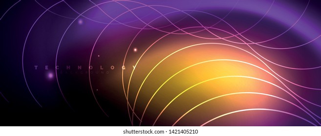Shiny neon lights, dark abstract background with blurred magic neon light curved lines. Vector