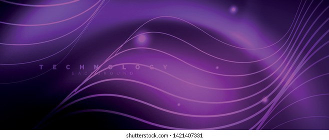 Luces de neón brillantes, fondo abstracto oscuro con líneas curvadas de luz mágica borrosa de neón. Vector