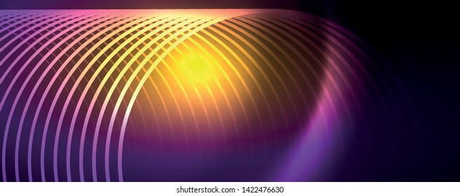 Shiny neon lights, dark abstract background with blurred magic neon light curved lines. Vector