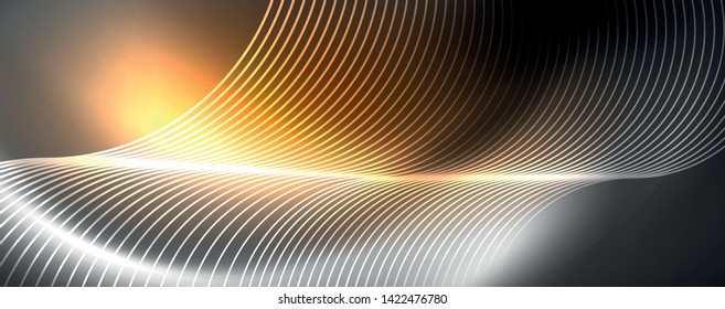 Shiny neon lights, dark abstract background with blurred magic neon light curved lines. Vector