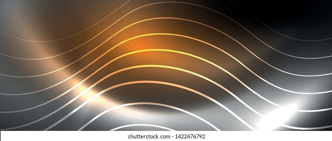 Luces de neón brillantes, fondo abstracto oscuro con líneas curvadas de luz mágica borrosa de neón. Vector