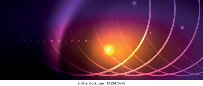 Shiny neon lights, dark abstract background with blurred magic neon light curved lines. Vector