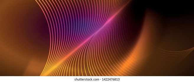 Luzes neon brilhantes, fundo abstrato escuro com linhas curvas de luz neon magia borrada. Vetor