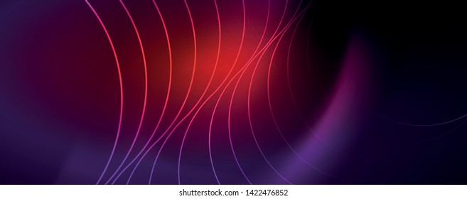 Luces de neón brillantes, fondo abstracto oscuro con líneas curvadas de luz mágica borrosa de neón. Vector