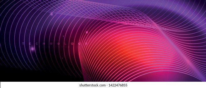 Shiny neon lights, dark abstract background with blurred magic neon light curved lines. Vector