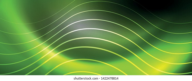 Shiny neon lights, dark abstract background with blurred magic neon light curved lines. Vector