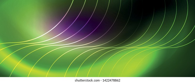 Shiny neon lights, dark abstract background with blurred magic neon light curved lines. Vector