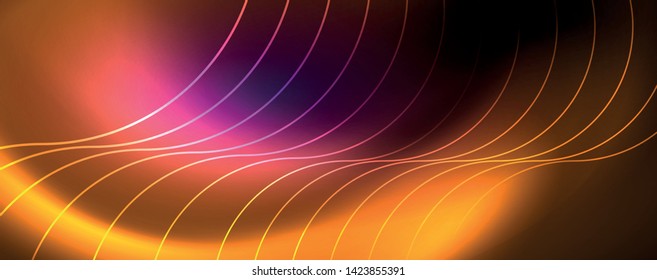 Shiny neon lights, dark abstract background with blurred magic neon light curved lines. Vector