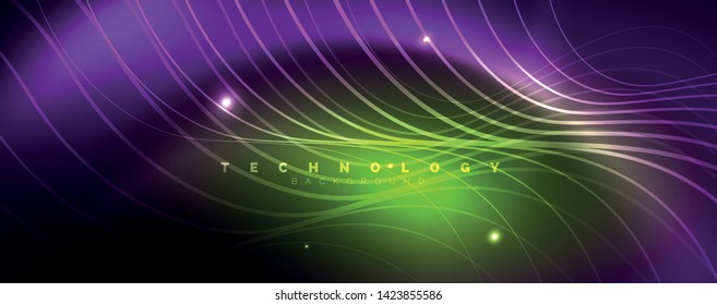 Shiny neon lights, dark abstract background with blurred magic neon light curved lines. Vector