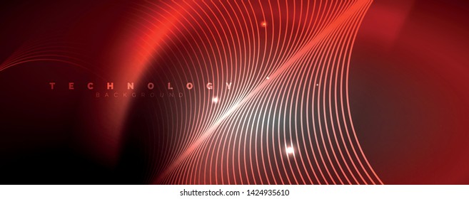 Luces de neón brillantes, fondo abstracto oscuro con líneas curvadas de luz mágica borrosa de neón. Vector