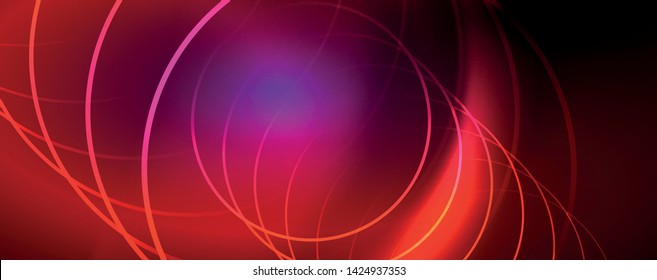 Shiny neon lights, dark abstract background with blurred magic neon light curved lines. Vector