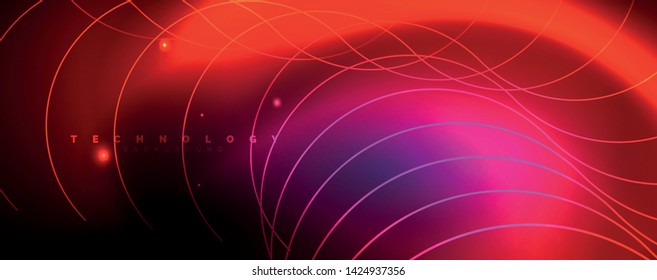 Leuchtende Neonleuchten, dunkler abstrakter Hintergrund mit unscharfem magischem Neon, hellgebogene Linien. Vektorgrafik