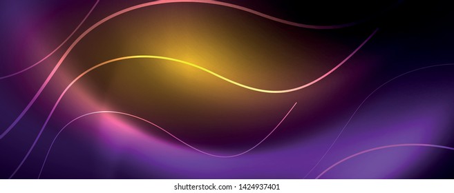 Shiny neon lights, dark abstract background with blurred magic neon light curved lines. Vector