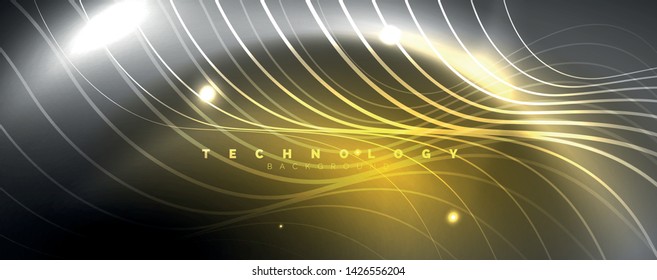 Shiny neon lights, dark abstract background with blurred magic neon light curved lines. Vector