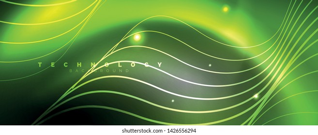 Luces de neón brillantes, fondo abstracto oscuro con líneas curvadas de luz mágica borrosa de neón. Vector