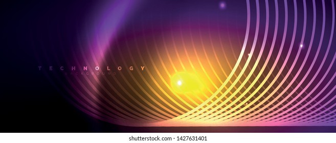 Shiny neon lights, dark abstract background with blurred magic neon light curved lines. Vector