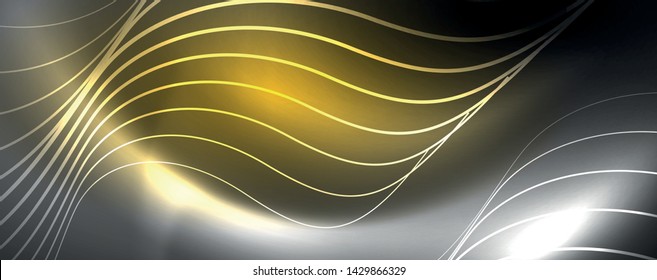 Shiny neon lights, dark abstract background with blurred magic neon light curved lines. Vector