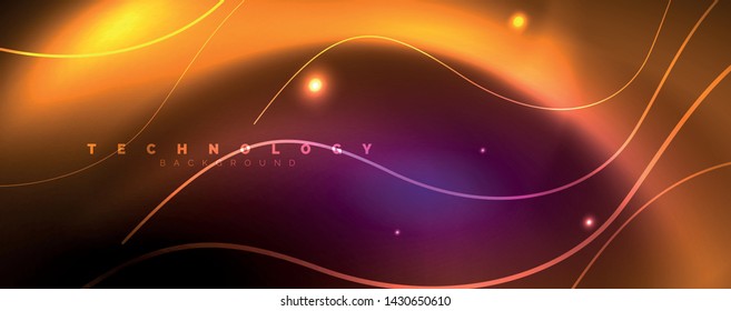 Shiny neon lights, dark abstract background with blurred magic neon light curved lines. Vector