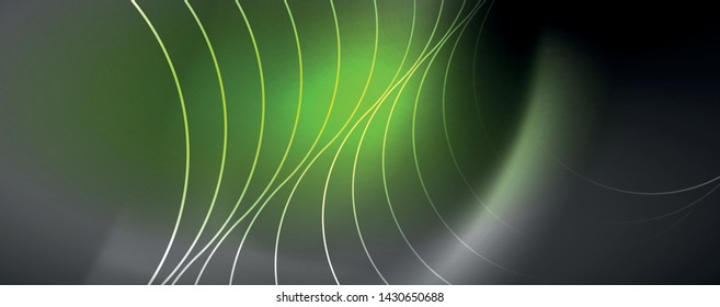 Shiny neon lights, dark abstract background with blurred magic neon light curved lines. Vector
