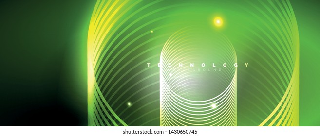 Shiny neon lights, dark abstract background with blurred magic neon light curved lines. Vector