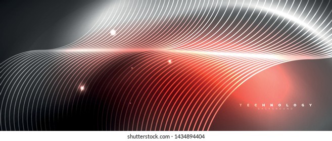 Shiny neon lights, dark abstract background with blurred magic neon light curved lines. Vector