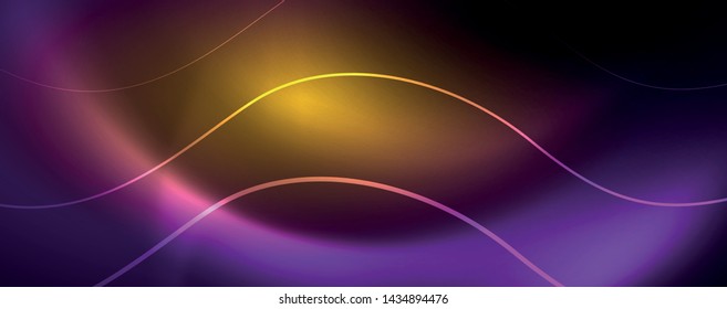 Shiny neon lights, dark abstract background with blurred magic neon light curved lines. Vector