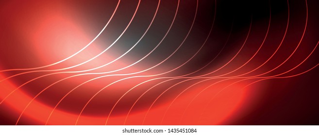 Luces de neón brillantes, fondo abstracto oscuro con líneas curvadas de luz mágica borrosa de neón. Vector