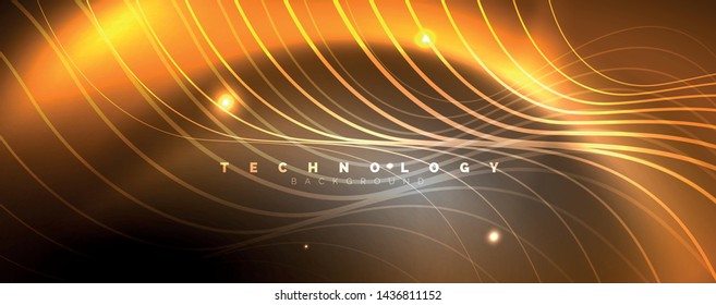 Shiny neon lights, dark abstract background with blurred magic neon light curved lines. Vector