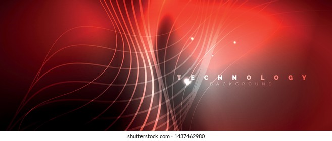Shiny neon lights, dark abstract background with blurred magic neon light curved lines. Vector