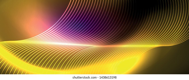 Shiny neon lights, dark abstract background with blurred magic neon light curved lines. Vector