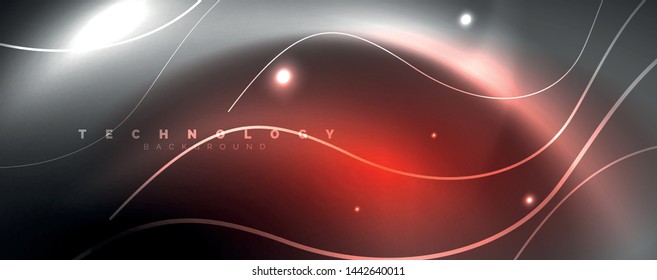 Shiny neon lights, dark abstract background with blurred magic neon light curved lines. Vector