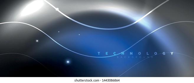 Luces de neón brillantes, fondo abstracto oscuro con líneas curvadas de luz mágica borrosa de neón. Vector