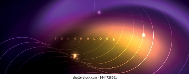 Shiny neon lights, dark abstract background with blurred magic neon light curved lines. Vector