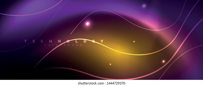 Shiny neon lights, dark abstract background with blurred magic neon light curved lines. Vector
