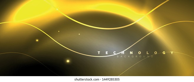 Shiny neon lights, dark abstract background with blurred magic neon light curved lines. Vector