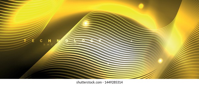 Shiny neon lights, dark abstract background with blurred magic neon light curved lines. Vector