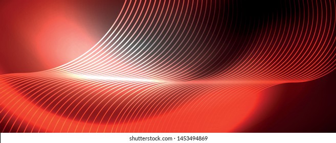 Shiny neon lights, dark abstract background with blurred magic neon light curved lines. Vector