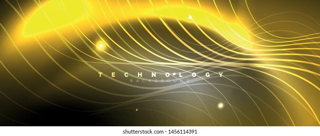 Shiny neon lights, dark abstract background with blurred magic neon light curved lines. Vector