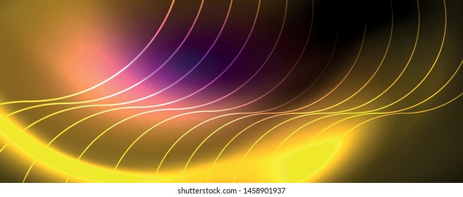 Shiny neon lights, dark abstract background with blurred magic neon light curved lines. Vector