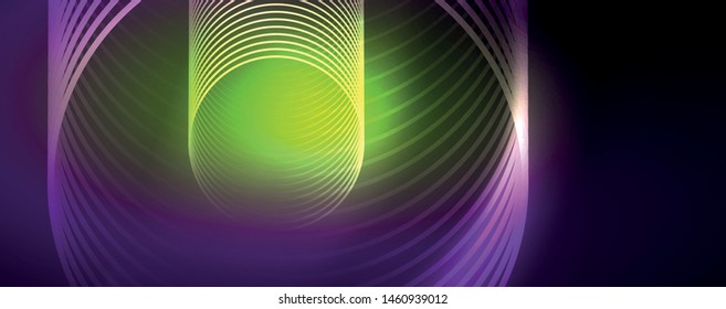 Shiny neon lights, dark abstract background with blurred magic neon light curved lines. Vector