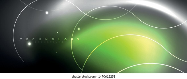 Shiny neon lights, dark abstract background with blurred magic neon light curved lines. Vector